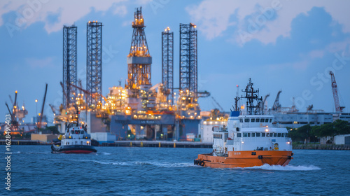 Calm seas reflect silhouettes of oil platform legs and moving vessels, as tugboat shifts slowly near rig base and orange supply ship rests quietly on water surface