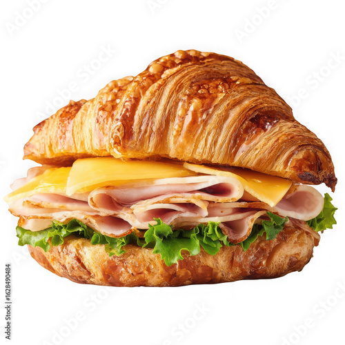 croissant sandwich with ham and cheese on white background.