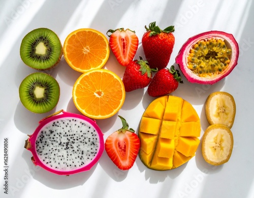 Vibrant Assortment of Sliced Tropical Fruits on White Background with Natural Light