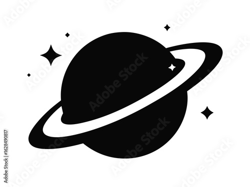 Planet Saturn with planetary ring black silhouette vector icon,on white background