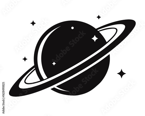 Planet Saturn with planetary ring black silhouette vector icon,on white background