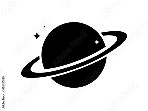 Planet Saturn with planetary ring black silhouette vector icon,on white background