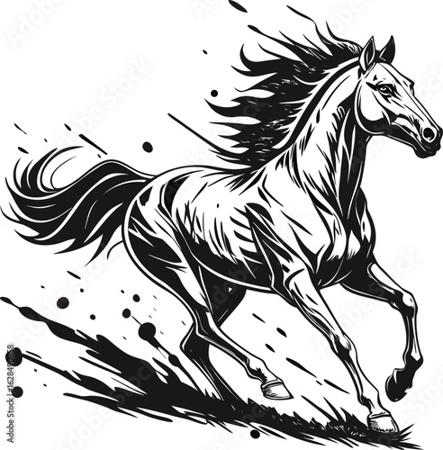 Black vector silhouette of a running wild mustang stallion with a flowing mane, perfect for equestrian designs