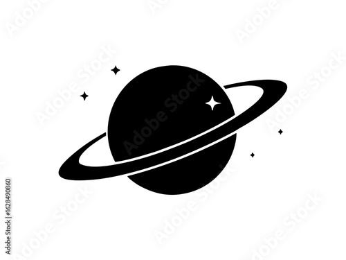 Planet Saturn with planetary ring black silhouette vector icon,on white background