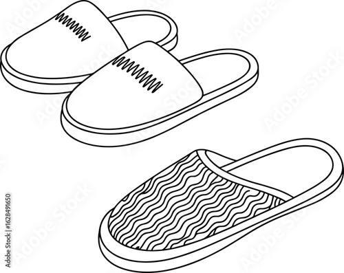 Cad drawing flat vector illustration, cozy indoor slippers, comfortable footwear, stylish design, home use, soft materials, trendy, durable, warm, casual