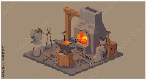 Pixel Art Blacksmith Workshop with Forge and Anvil