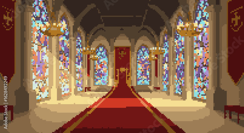 Majestic Pixel Art Castle Interior with Colorful Windows