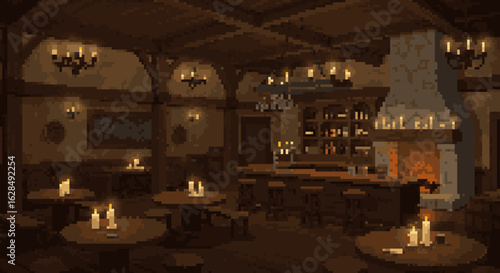 Cozy Pixel Art Tavern Interior with Candlelight Ambience