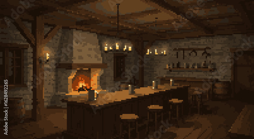 Cozy Pixelated Tavern Interior with Warm Fireplace