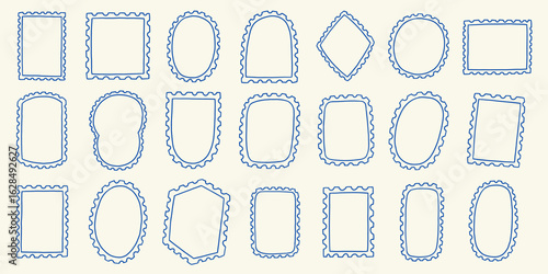 Empty Post Stamp Frame Set. Postal Postcard Border. Vintage Vector Hand Drawn Illustration