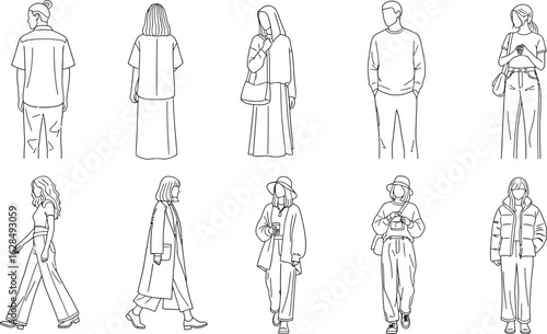 Stylish people line art collection showcasing modern fashion and diverse poses