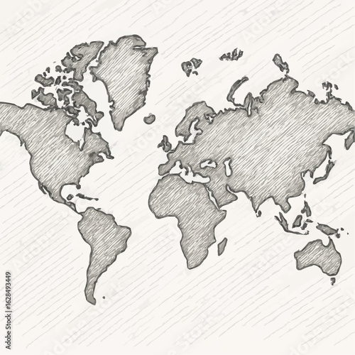 Hand-drawn sketch of the world map in monochrome style  