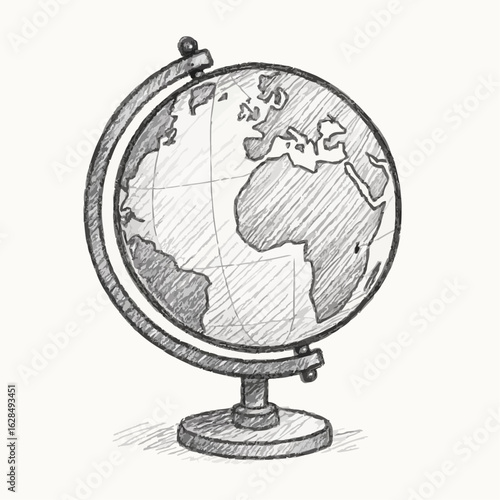 Hand-drawn globe illustration on a stand in a classic style  