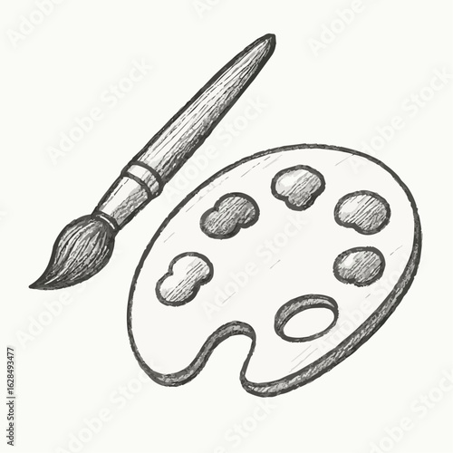 Paintbrush and palette with colors in sketch style  