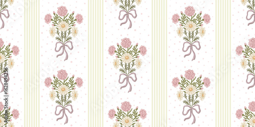 Bouquet of carnation and daisy flower on green striped seamless background. Coquette vintage design in pastel color. Perfect for bed linen and textile. Also great for wallpaper and wrapping paper.