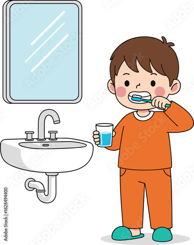 Cartoon child brushing teeth in bathroom, wearing pajamas and slippers, morning hygiene routine, dental care, healthy habits illustration