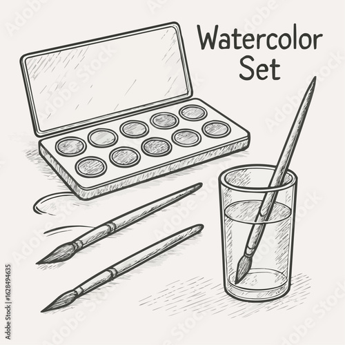 Watercolor set with brushes and glass of water on light background  