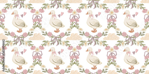 Floral cute goose seamless pattern with pink bow and heart. Coquette design with carnation and daisy flower. Pastel background for textile and wallpaper. Also good for baby fabric and wrapping paper.