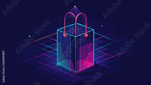 Isometric shopping bag with handles on a grid surface in neon colors against a dark background