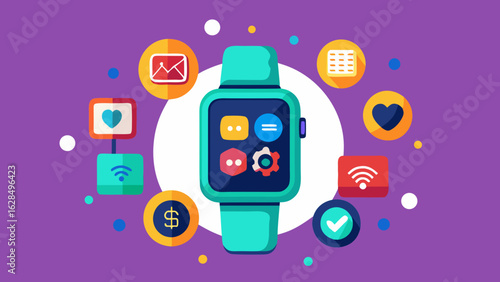 Illustration of a smartwatch with app icons around it on a purple background design layout style