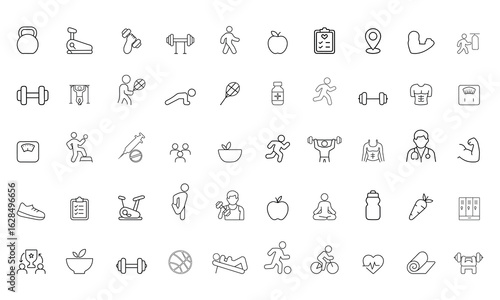 Fitness and gym icons set. Sport and exercise icons, For physical activity, gym, diet, sleep, work, rest, body care. Stroke icons for workout routines, strength training, exercises, gym equipment.