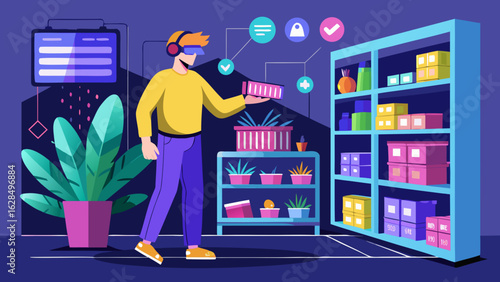Man using virtual reality headset in a virtual store with shelves and product icons overhead and plant