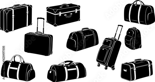 Black and white silhouette illustration of a collection of assorted suitcases
