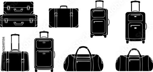 Black and white silhouette illustration of a collection of assorted suitcases