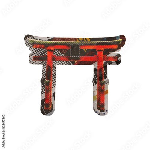 Red Torii Gate with Abstract Background Element Collage Art