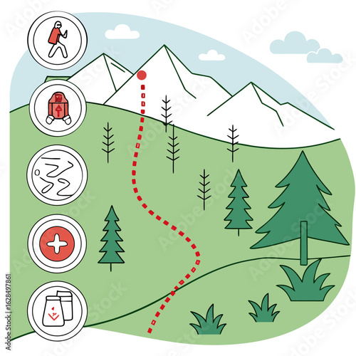 Illustrated infographic depicting a mountain hiking trail with essential gear and safety icons showcasing a journey from base to summit