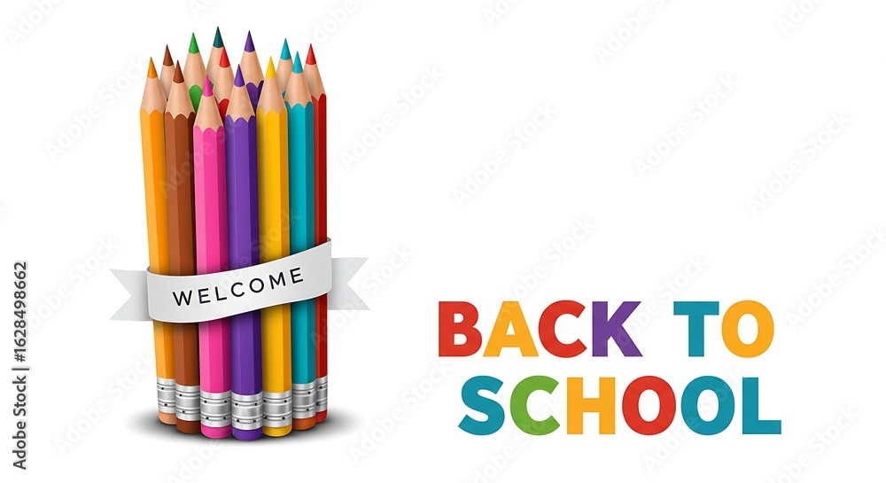 Fototapeta premium Welcome message on ribbon with colorful pencils, isolated on white background