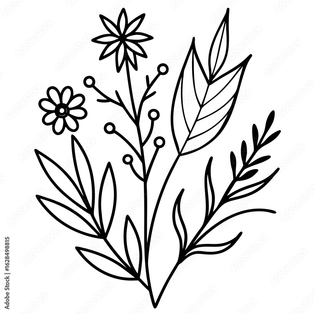 Fototapeta premium Minimalist botanical elements in elegant line art — leaves, branches, and wildflowers — black ink vector strokes, natural flow, hand-drawn look, isolated on white background1