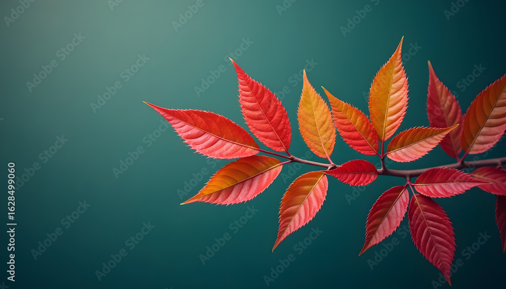 Obraz premium Close-up of vibrant autumn leaves against a serene teal background.
