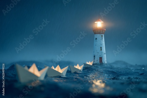 Business lighthouse illuminating path for fleet navigating through challenging corporate waters