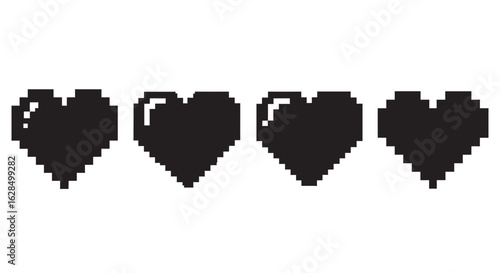 Four pixelated black hearts in a row silhouette