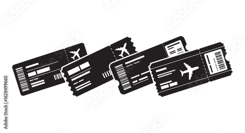 Four black airplane boarding pass tickets arranged in a row silhouette