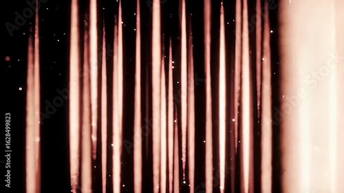 Abstract lines of soft, salmon light descend against a dark background, punctuated by glowing points of light