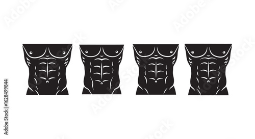 Four muscular male torso silhouettes showing defined abs and chest muscles