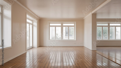 Empty room with polished wooden floor and white walls.

