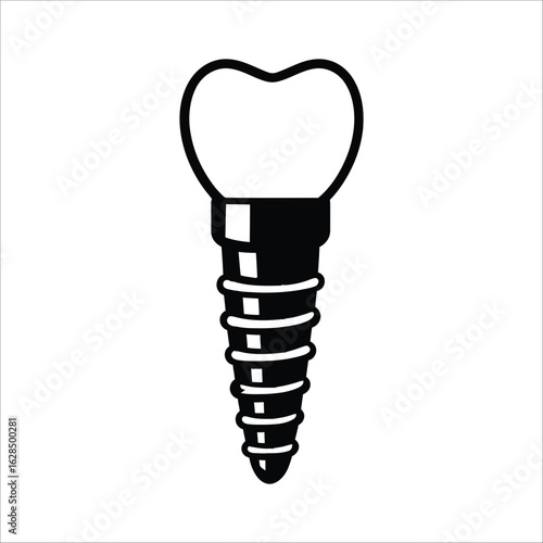 A black and white illustration of a dental implant with a screw and a tooth on top of it