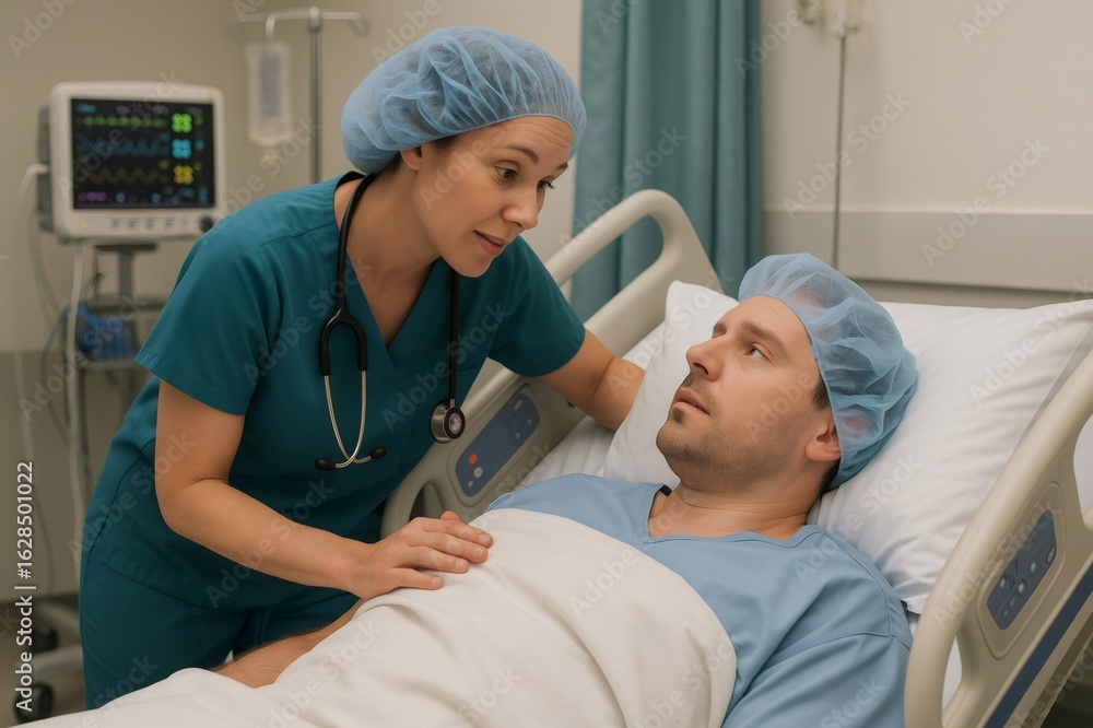 Nurse assisting and providing medical care to a patient lying in a hospital bed, checking vital signs and offering support Nurse assisting and providing medical care to a patient lying in a hospital bed, checking vital signs and offering support