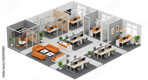 3d illustration of an open office space featuring modern furniture, multiple workstations, and a reception area, providing a comfortable and collaborative environment
