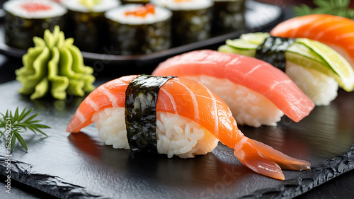 Fresh salmon nigiri sushi, a delicious Japanese dish.
