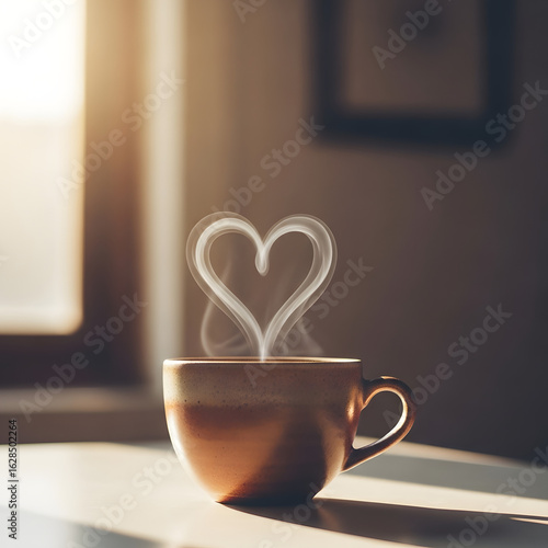 Coffee cup with steam shaped like a heart, soft morning light, minimal background.
