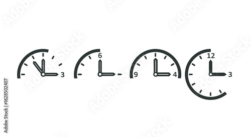 Abstract representation of time passing with four clock faces in silhouette