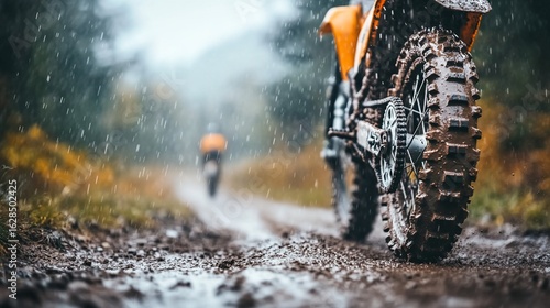 Mud-caked motocross bike in the rain