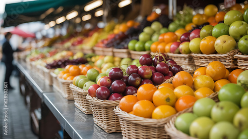 Fresh fruit baskets overflowing with colorful produce.
