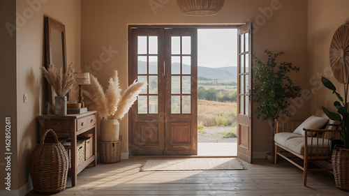 Rustic entryway with open doors to a scenic view.

