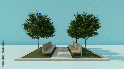 Empty park benches, trees, and walkway. Peaceful urban space.
