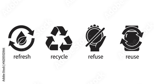 Four environmental icons representing refresh recycle refuse and reuse silhouette